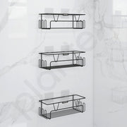Plantex Bathroom Organiser Without Drill/Self Adhesive Bathroom Shelf for Wall/GI Steel Rack with Side Hooks & Magic Sticker/Bathroom Accessories Set (Black, Powder Coated) - Pack of 3