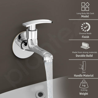 Plantex Bib Cock Water Tap for Bathroom with Water Saving Nozzle for Tap with Teflon Tape/Kitchen and Bathroom Accessories - Pack of 2 (Long Body-Chrome)