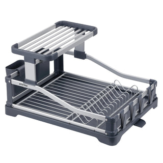 Plantex Kitchen Storage Rack/Aluminium Fold Flat Dish Drying Rack/2-Tier with Drainboard/Kitchen Organiser Rack - (Silver & Grey)