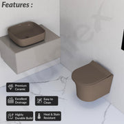 Plantex Ceramic Wall-Hung Commode with Tabletop Wash Basin for Bathroom/Rimless Washdown Flush Western Toilet/Bathroom Wash Basin - P Trap Commode - Choco