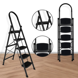 Primax 5-Step Steel Ladder for Home - Wide Anti Skid Step Ladder | Durable, Heavy Duty, Anti-Skid Step Ladder (Black)