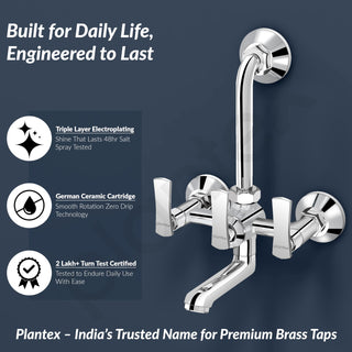 Plantex 2 in 1 Wall Mixer for Bathroom/Mixer L-Bend Provision for Overhead/Mixer Tap for Bathroom with Water Saving Nozzle and Wall Flange (3515, Chrome)