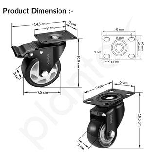 Plantex 3 Inch Caster Wheel/Soft PU Swivel Caster Wheels with 360 Degree Rotation and No Noise/Wheels for Heavy Furniture/Table/Trolley Cart - Set of 4 (2 with Brakes & 2 Without) - Black