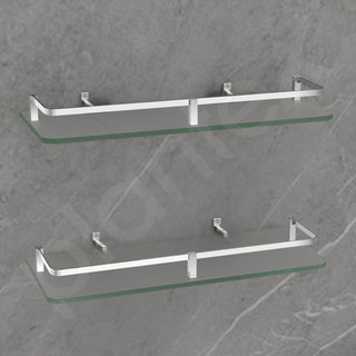 Plantex Glass Shelves for Bathroom/Frosted Bathroom Glass Wall Shelf with Brass Railings and Brackets- Pack of 2 (15 x 6 Inch, Chrome)