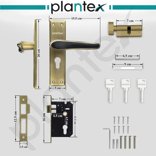 Plantex Heavy-Duty Door Lock Set - Main Door Lock Plate Handle Set/6-Lever Mechanism Mortise Locks with 3 Keys/Brass Locks Body & Cylinder (PTP-09- Brass Antique & Black)