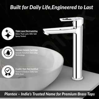 Plantex Single Lever Basin Mixer Tap/Pure Brass Pillar Tap for Wash Basin/Hot and Cold Water Tap for Basin/Long Body Water Tap - Pack of 1 (Chrome, 3227)