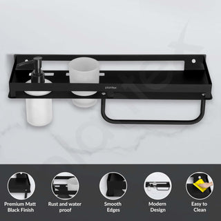Plantex 4in1 Shelf for Bathroom/Stainless Steel Shelf with Tumbler Holder, Liquid Soap Dispenser and Napkin Holder for Home/Office - Pack of 1 (Black)