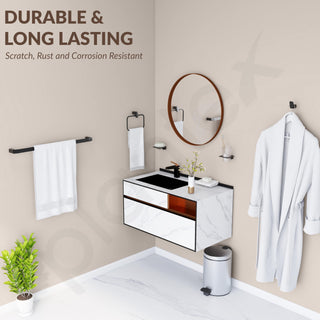 Plantex Stainless Steel Bathroom Set/Glass Soap Holder and Tumbler Holder/Towel Rod/Napkin Holder/Robe Hook for Bathroom/Bathroom Accessories - Set of 5 (Black)