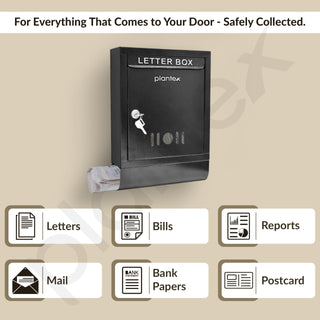 Plantex GI Steel Letter Box for Home Gate with News Paper Holder/Post Box/Suggestion Box for Office Use with Secure Lock and Keys/Complaint Box/Mail Box - (Black) Wall Mount