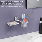 Plantex 304 Grade Stainless Steel 2 in 1 Soap Dish with Tumbler Holder/Soap Holder/Toothbrush Holder/Bathroom Accessories - Crystal (Chrome)