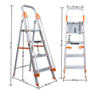 Plantex Secura 4 Steps Ladder for Home/Aluminium Foldable Ladder with Safe Hand Rail (Orange-Silver)