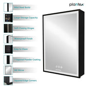 Plantex Aluminium Framed LED Mirror with Storage/Cabinet/Heavy-Duty Steel Body Bathroom Cupboard for Wall with Defogger and Bluetooth- 20x28 Inch, Black