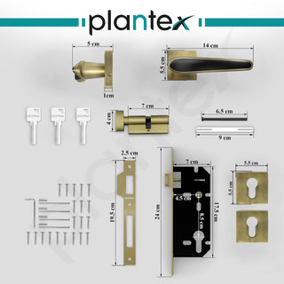 Plantex Main Door Lock/Mortise Lock for Doors - Robust Door Handle for Home with Brass Locks Body & Cylinder (PT-014, Brass Antique & Black)