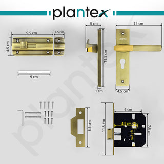 Plantex Heavy Duty Door Lock – Bathroom Door Lock/Mortise 8inch Keyless Plate Handle Set for Home/Bathroom/Store Room/Balcony/Office with Baby Latch (8114, Brass Antique & PVD Gold)