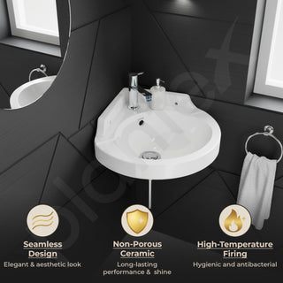 Plantex White Corner Wash Basin/Wall Mount Basin for Bathroom/Ceramic Tabletop Basin with 10 Years Glaze Warranty by Plantex/Small Corner Sink (Breva, 14.5 x 14.5 x 5 Inch)