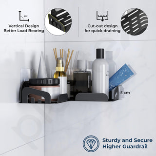 Plantex Self Adhesive Corner Shelf for Bathroom Wall/Stainless Steel Wall Mounted Corner Bathroom Shelf-Pack of 2 (10x10 Inch, Black)