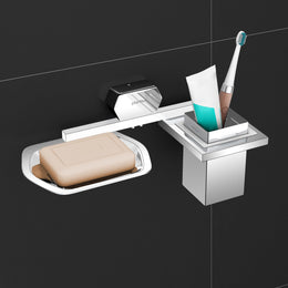 Plantex 2in1 Soap Dish with Tumbler Holder for Bathroom/304 Grade Stainless Steel Soap Holder with Toothbrush Holder/Bathroom Accessories - Pack of 1 (Delta - 2808, Chrome)