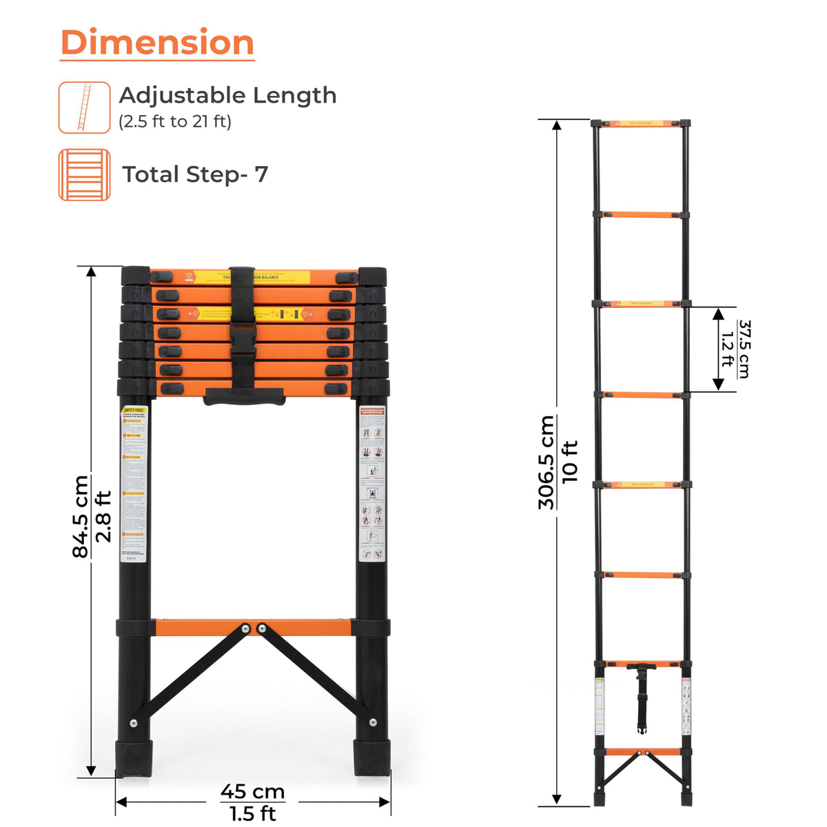 Compapct Ladder Plantex 3.1m (10.17 ft.) Telescopic Ladder/Carbon Steel 8-Steps ...
