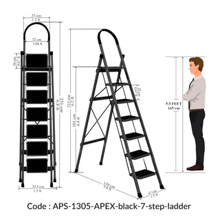 Plantex Steel 7 Step Ladder/Foldable Ladder for Home/Anti-Skid Wide 7 Step Ladder - (Apex - Black)