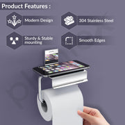 Plantex 304 Grade Stainless Steel Toilet Paper Holder with Mobile Phone Stand/Toilet Paper Roll Holder for Bathroom Accessories Crystal (Chrome)