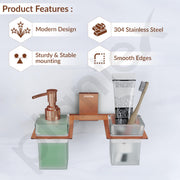 Plantex 304 Grade Stainless Steel Glass Liquid Dispenser with Tumbler Holder/Toothbrush Holder/Shampoo Dispenser for Washbasin/Kitchen/Bathroom Accessories - Pack of 1 (Crystal, PVD Rose Gold)