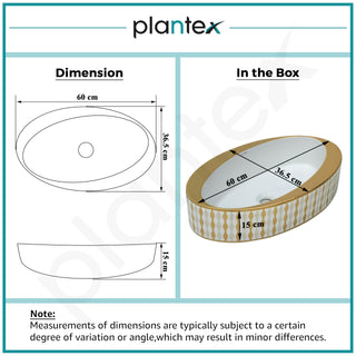 Plantex Ceramic Washbasin/Designer Basin for Bathroom/Oval Tabletop Basin/Countertop Vessel Sink for Home/Office/Restaurant (Gold & White - 24 x 14 x 10 Inch)
