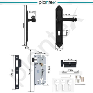 Plantex Heavy-Duty Door Lock Set - Main Door Lock Handle Set/ 6-Lever Lock Mechanism with 3 Years of Warranty/Mortise Lock with 3 Keys, Brass Lock Body & Cylinder(596 - Black)