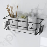 Plantex GI Steel Adhesive Shelf for Bathroom Wall/Self Adhesive Shelf for Kitchen with Side Hooks to Hang Loofah for Bathing/Bathroom Organiser - Black, Powder Coated