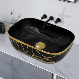 Plantex Ceramic Designer Washbasin for Bathroom/Countertop Basin/Rectangle Tabletop Wash Basin for Home/Office - (16010, Black & Gold)
