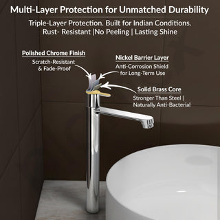 Plantex Pure Brass High Neck Pillar Tap for Wash Basin with Teflon Tape/Tabletop Wash Basin Tap/Pillar Cock with 7 Year Warranty (FLO-804-Mirror Chrome)