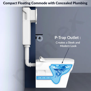 Plantex Ceramic Commode with Conceal Flush Tank/Wall Hung Commode with Dual Flush Tank/Tank with all internal accessories/Square Toilet with Soft Closing Toilet Seat – (White)