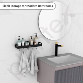 Plantex Multipurpose Aluminium Bathroom Wall Shelf/Bathroom Shelf Rack with Movable Hooks/Bathroom Accessories Set/Shelf for Bathrooms/Kitchen Organiser -(Black)