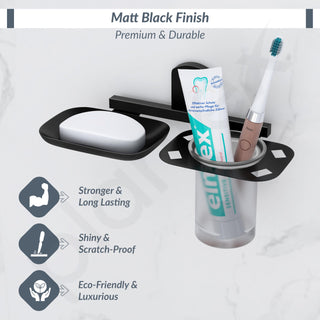 Plantex 304 Grade Stainless Steel 2in1 Soap Dish with Tumbler Holder/Soap Stand/Tooth Brush Holder for Bathroom/Bathroom Accessories - Pack of 1 (Parv-Black)