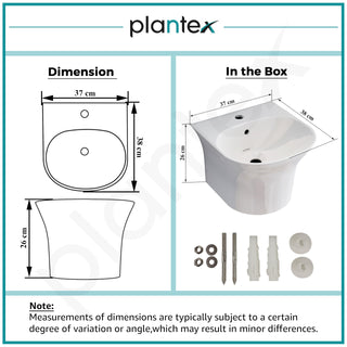 Plantex Ceramic Wash Basin/Wall Mount Half Pedestal WashBasin for Bathroom with 10 Years Glaze Warranty by Plantex/Wall Hung Basin for Home/Office/Hotels (White - 15 x 15 x 10 Inch)