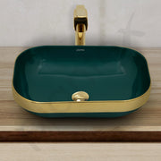 Plantex Wash Basin/Ceramic Table Top Wash Basin/Countertop Basin for Bathroom/Restaurants/Hotel – Rectangular Green & Gold - 20 x 14 x 6 Inch)