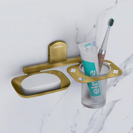 Plantex 304 Grade Stainless Steel 2in1 Soap Dish with Tumbler Holder/Soap Stand/Tooth Brush Holder/Bathroom Accessories - Parv (Brass Antique)