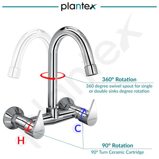Plantex Pure Brass Sink Mixer Tap/Wall Mount Hot and Cold Tap for Bathroom/Double Handle Water Taps for Bathroom Basin with Brass Wall Flange & Teflon Tape (PAC-1814, Chrome)