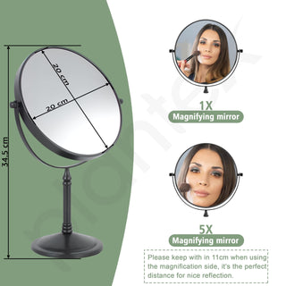 Plantex Premium Brass Magnifying Mirror/Dual Side Shaving Mirror for Bathroom with 5x/1x Magnification/Tabletop Vanity Hand Mirrors Stand (8 Inch-Black/Tabletop)