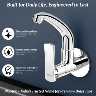 Plantex Sink Cock for Basin/Wall Mount Tap for Kitchen Sink with Wall Flange and Teflon Tape/Sink Cocke Tap/Water Tap - (3504, Chrome)