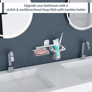 Plantex 304 Grade Stainless Steel 2in1 Soap Dish with Glass Tumbler Holder/Soap Stand/Tooth Brush Holder for Bathroom/Bathroom Accessories - Pack of 1 (Chrome)