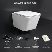 Plantex Wall Mounted Commode/Imported Italica Ceramic Rimless Square Washdown Western Toilet/P Trap Commode with Soft Close Seat Cover (Glossy White)