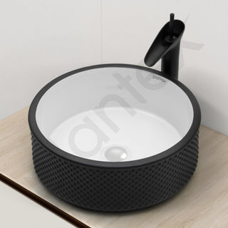 Plantex Round Ceramic Table Top Wash Basin/Designer Counertop Washbasin/Vessel Sink for Bathroom/Home/Restaurant (White & Black-17 x 17 x 6 Inch)