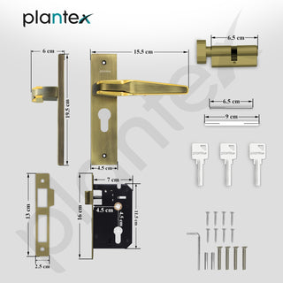Plantex Heavy-Duty Door Lock Set - Main Door Lock Handle Set/Mortise Lock with 3 Keys, Brass Lockbody & Cylinder (8064 - Brass Antique & PVD Gold)