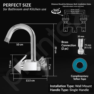 Plantex Pure Brass Sink Mixer Tap for Kitchen with 360° Swivel Spout/Kitchen Sink Faucet with Brass Wall Flange & Teflon Tape-7 Year Warranty(PRI-314-Chrome)