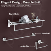 Plantex Bathroom Set - Stainless Steel Folding Towel Rack with 304 Grade Skyllo Bathroom Accessories Set of 5 - Towel Rod/Napkin Ring/Tumbler Holder/Soap Holder/Robe Hook - Combo (Chrome)