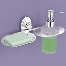 Plantex Soap Holder with Liquid Soap Dispenser/304 Grade Stainless Steel Soap Dish/Shampoo Dispenser/Soap Case/Handwash Dispenser/Bathroom Accessories - (Olive - Chrome)