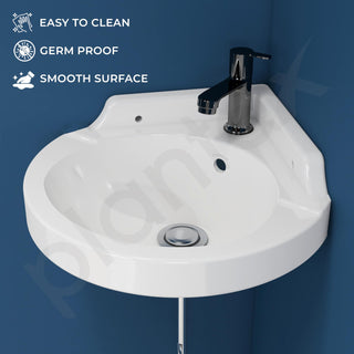 Plantex White Corner Wash Basin/Wall Mount Basin for Bathroom/Ceramic Tabletop Basin with 10 Years Glaze Warranty by Plantex/Small Corner Sink (Breva, 14.5 x 14.5 x 5 Inch)