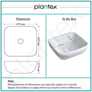 Plantex Ceramic Wash Basin/Tabletop Wash Basin with 10 Years Glaze Warranty by Plantex/Wash Basin for Bathroom/Restaurant (Glossy White, 18.5 x 16.5 x 7 Inch)