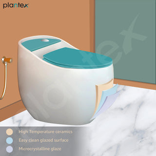 Plantex Ceramic Rimless One Piece Western Toilet/Water Closet/Commode With Soft Close Toilet Seat - S Trap Outlet (White & Ocean Blue)