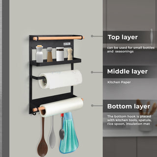 Plantex GI Steel Multi-Purpose Magnetic Shelf for Home/Fridge Organizer Spice Rack with Paper-Towel Holder/Kitchen Rack for Refrigerator (Big-Black)